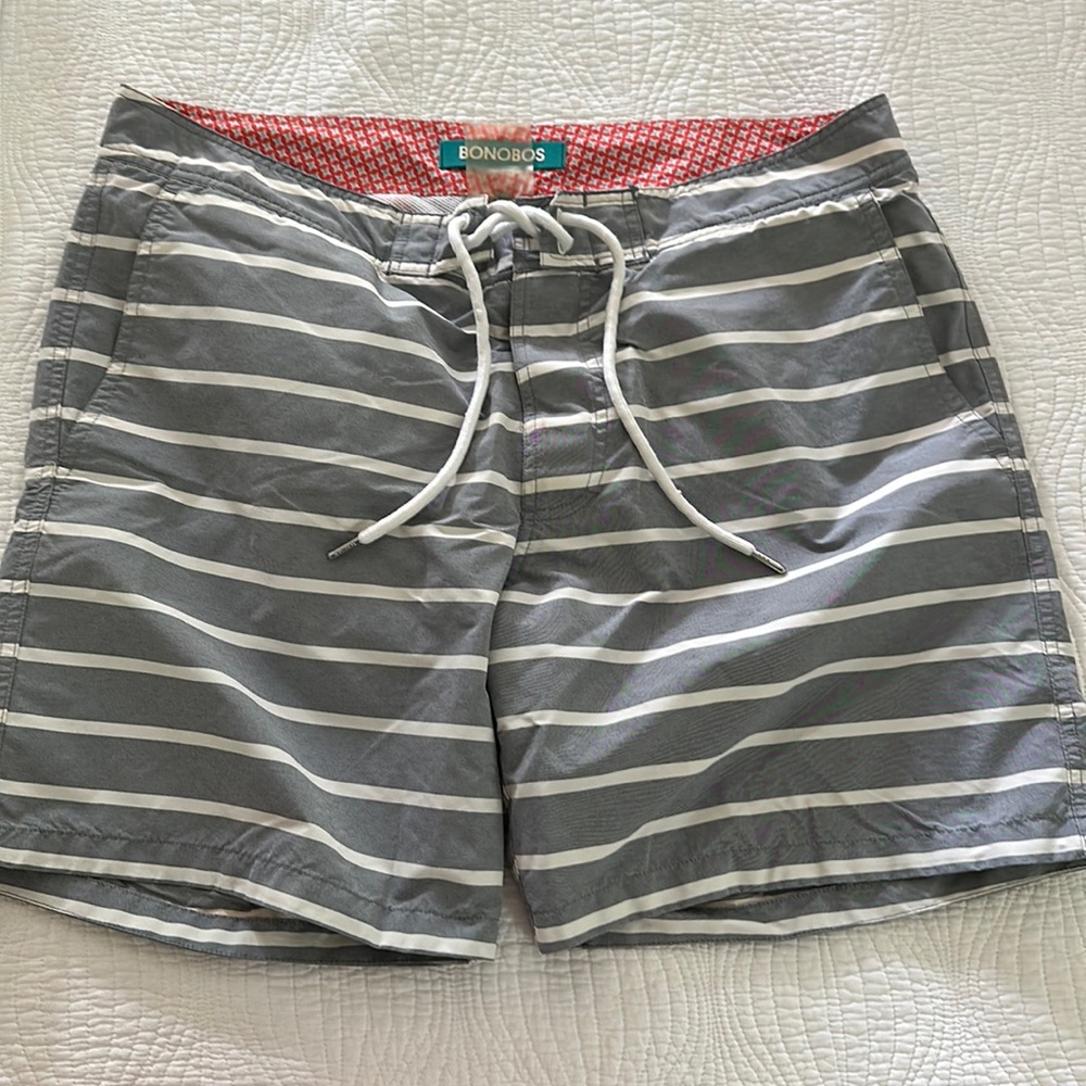 Bonobos Striped Swim Trunk/ Board Short in Blue and White size 33. 7” inseam